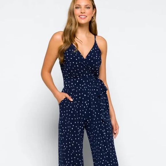 Kaileigh Pants - Kalieigh Rochelle Women’s Medium Navy Sleeveless Jumpsuit with White Polka Dot
